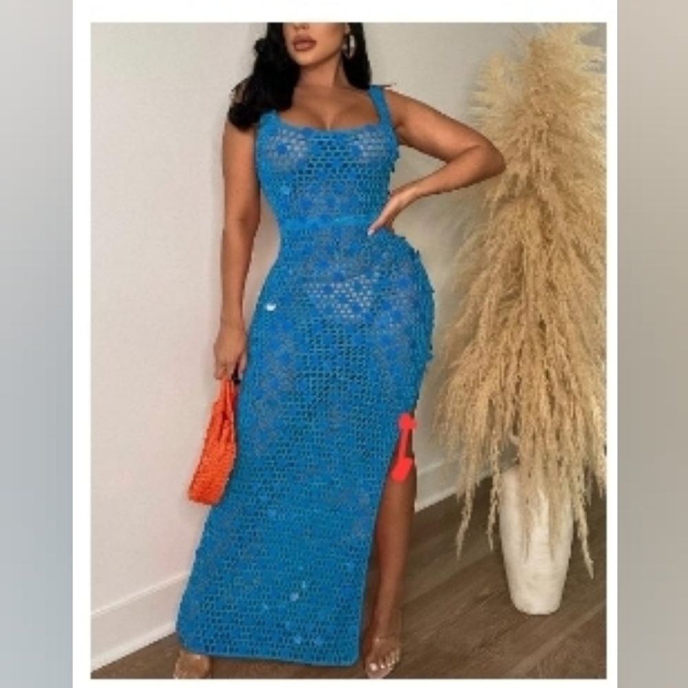Hollow Out disc Decor slit crochet cover up dress - xl - blue